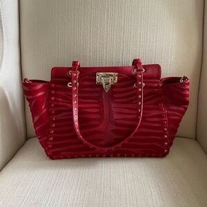 Valentino Garavani- Vitello Small Rockstud Double Handle Tote in red zebra print